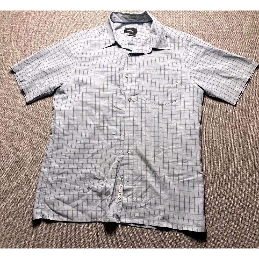 Marmot For Life Mens Medium Light Blue Plaid Short Sleeve Button Up Shirt